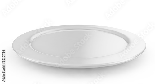 Empty white plate on served, 3D render, isolated