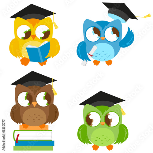 Owls with graduation hats education collection. Vector illustration