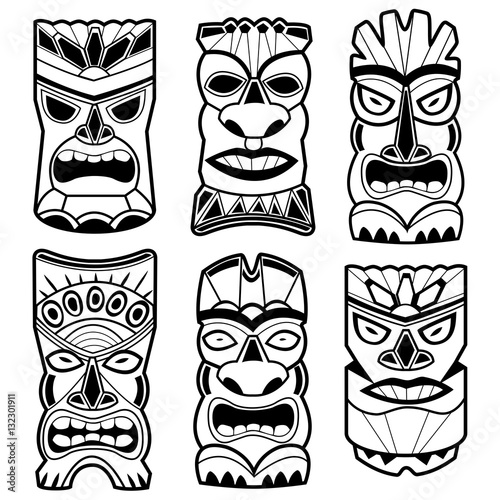 Hawaiian tiki statue masks collection. Vector illustration