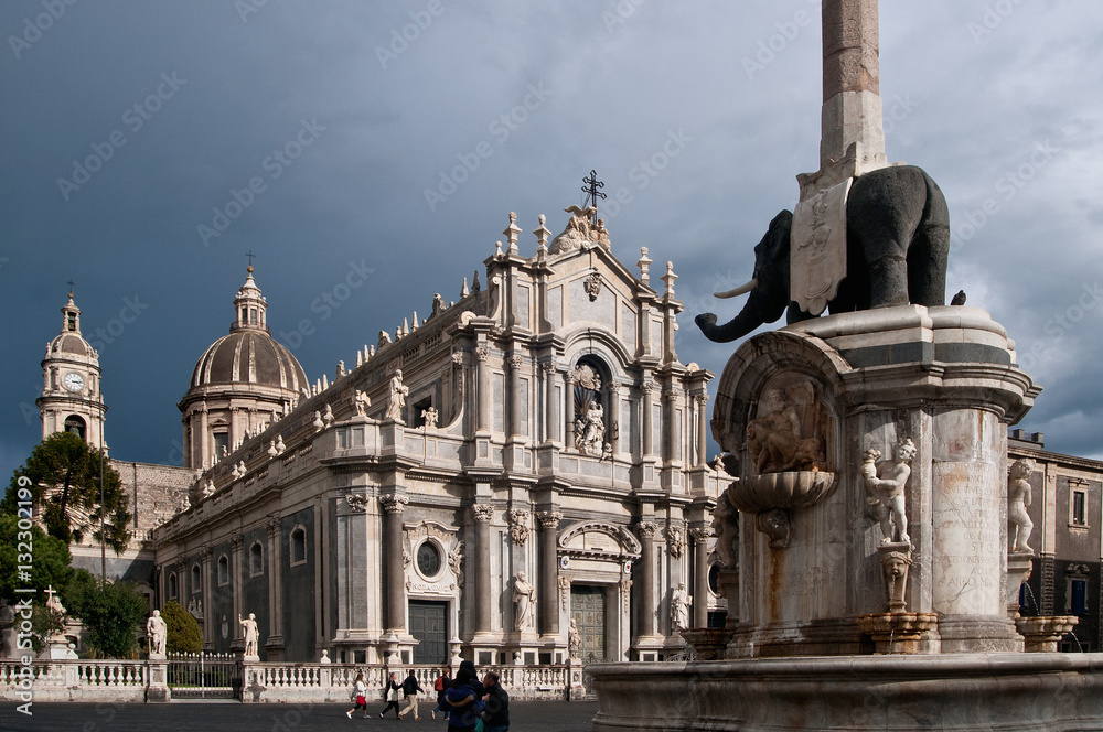 The beautiful elephant fountain in Piazza del Duomo,  Catania, Sicily, Italy 