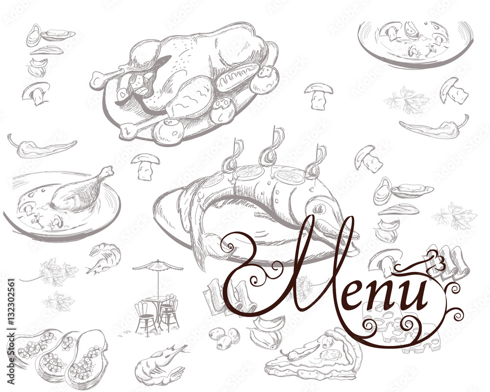 Background with food illustrations for restaurant or cafe menu. Background with food illustrations for restaurant or cafe menu.