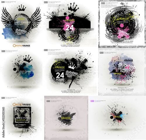 Set grunge poster background. Grunge print for t-shirt. Abstract dirt backgrounds texture. Grunge banner with an inky dribble strip with copy space. Abstract background for party. Vector illustration