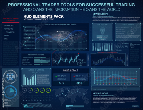 HUD UI UX for trading business app. Abstract futuristic HUD and Infographic elements. Virtual space. Future touch interface. Hud exchange trading tools. Set elements for web or motion design