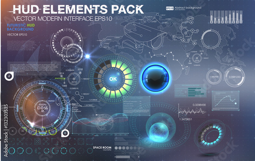 Fantastic abstract background with different elements of the HUD. Big set of various HUD elements. Charts, ratings style HUD switches and various geometrical objects.