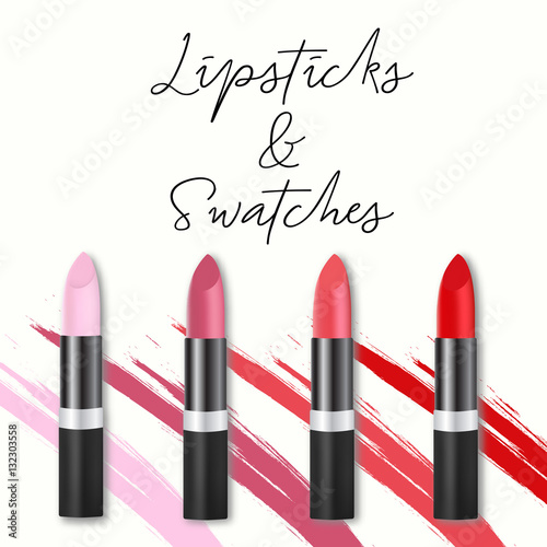 Vector realistic lipsticks set of four, isolated on bright background. Woman's cosmetics lipgloss concept with swatches as grunge brush.