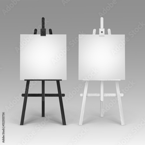 Vector Set of Wooden Black White Easels with Mock Up Empty Blank Square Canvases Isolated