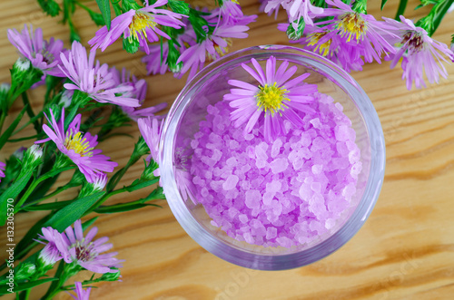 Aroma bath salt with pink flowers extract, top view