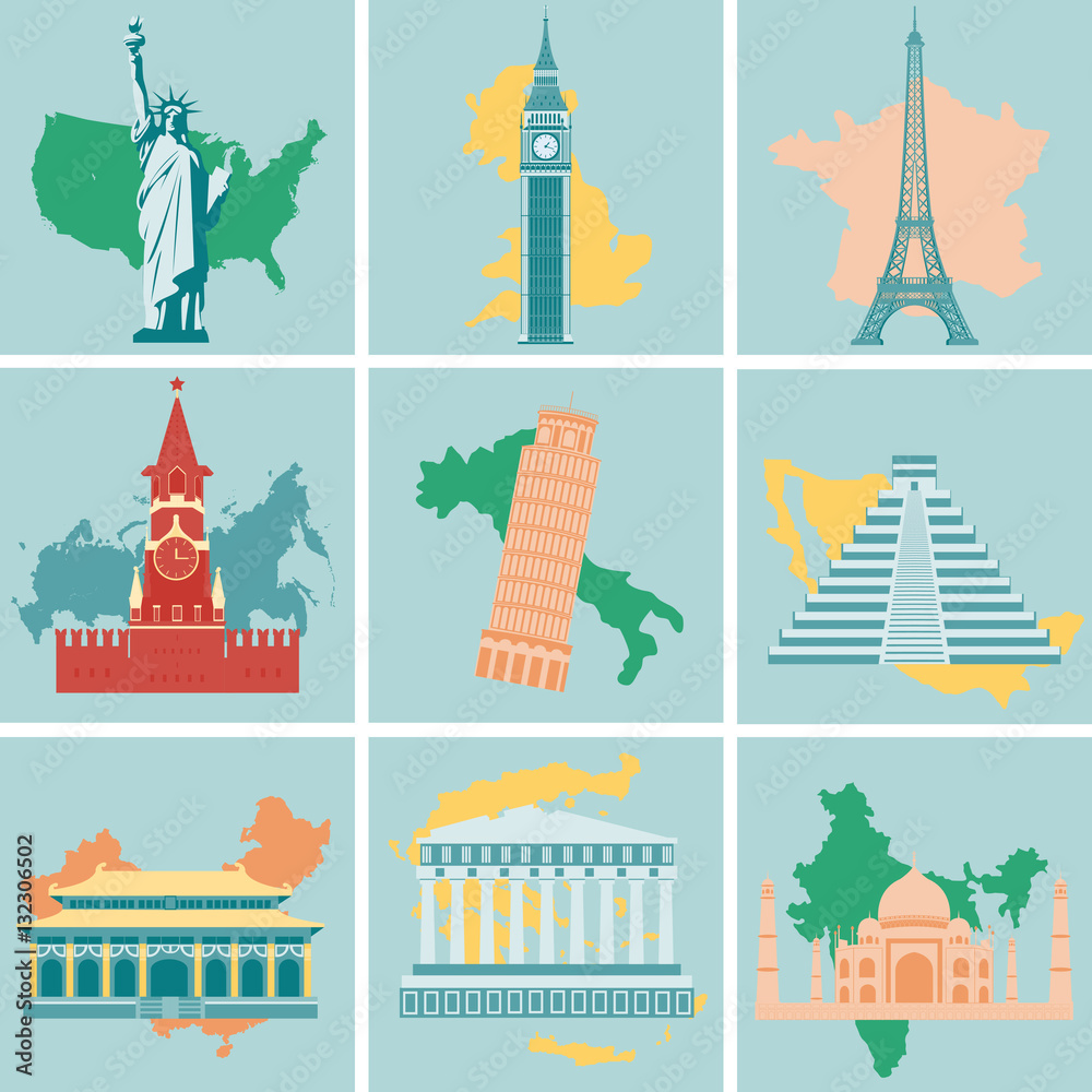 Obraz premium World landmarks flat icon set. Travel and Tourism. Vector