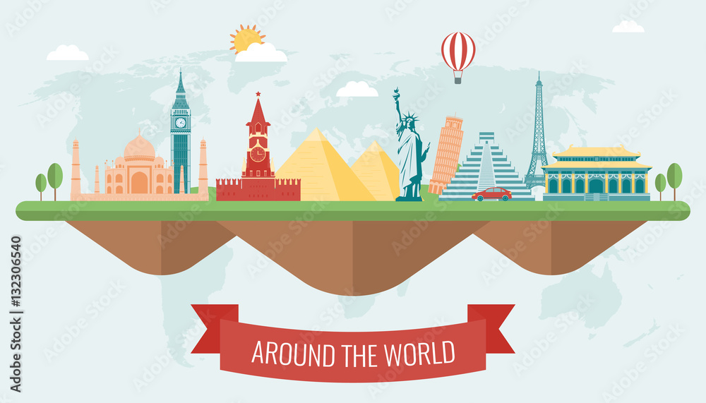 Travel composition with famous world landmarks icons. Vector