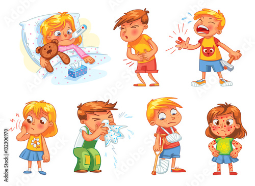 Children get sick. Isolated on white background. Set