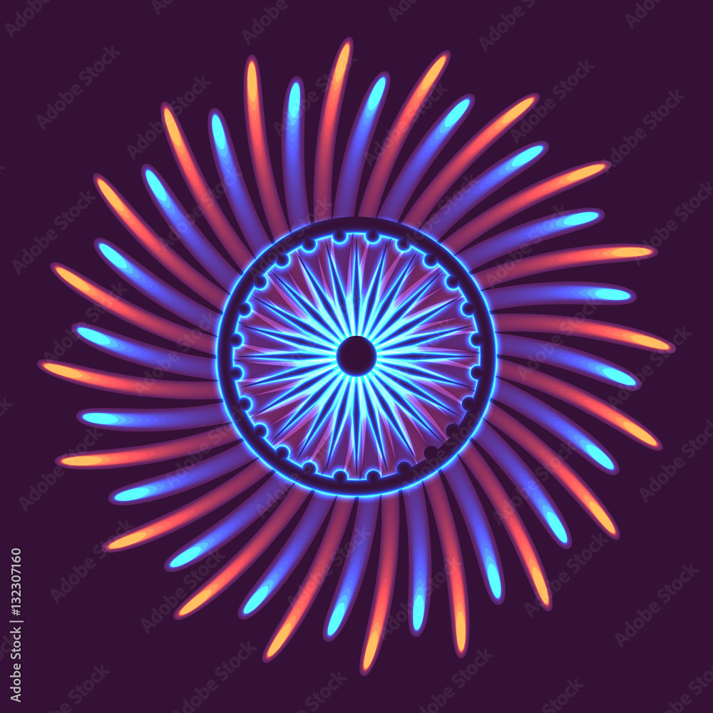 Dharmachakra, Dharma wheel and glow light effect. Buddhist symbol with fireworks Dharmachakra, Dharma wheel and glow light effect. Buddhist symbol with fireworks