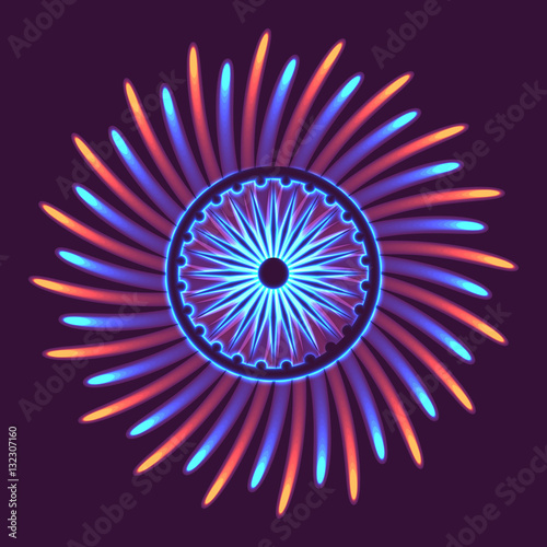 Dharmachakra, Dharma wheel and glow light effect. Buddhist symbol with fireworks