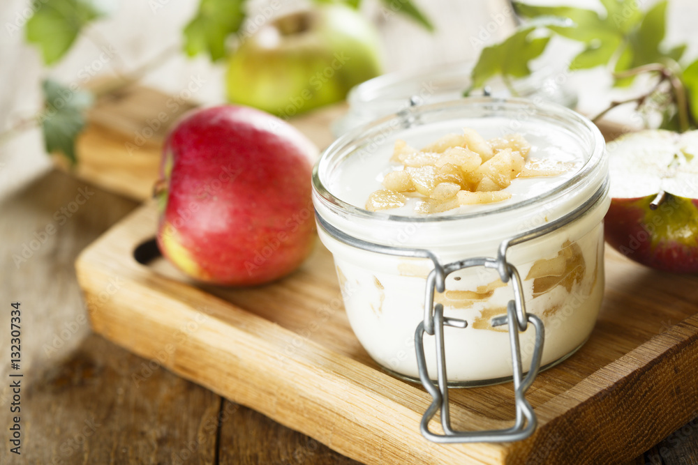 Homemade dessert with apple, caramel and yogurt