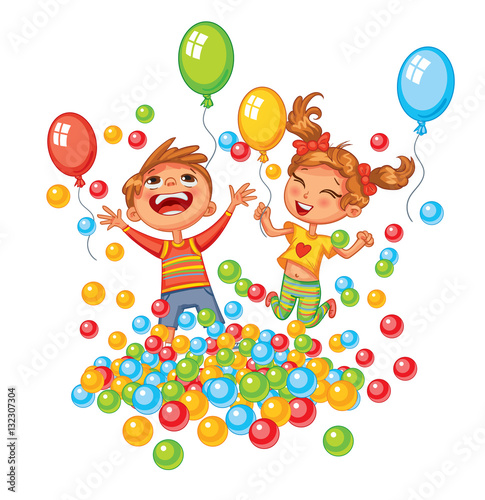 Happy boy and girl playing with colorful balls at playground