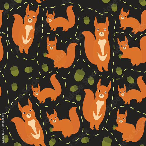 Seamless pattern Set of funny red squirrels with fluffy tail with acorn on black background. Vector