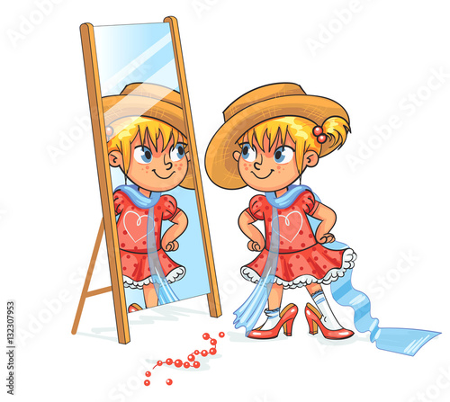 Little girl having fun trying her mother's shoes and hat. Kid in adult clothing