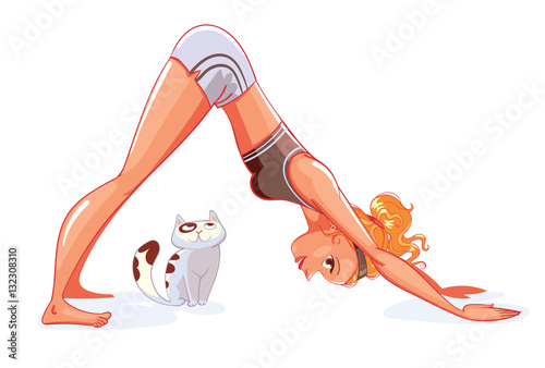 Girl and cat do yoga. Downward-facing dog Pose