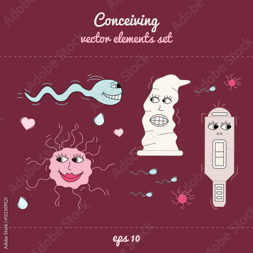 Concieving, contraception and impregnation elements set in cartoon style photo