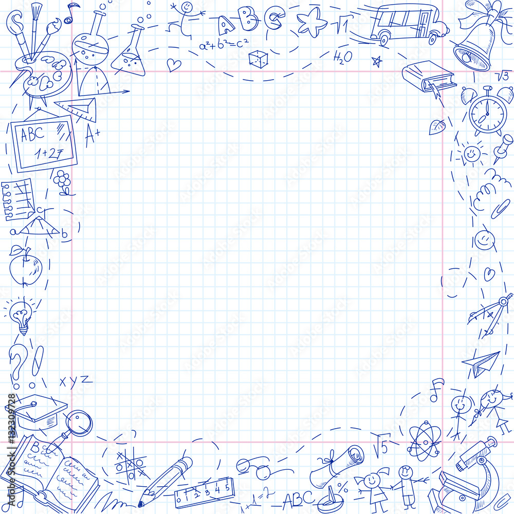 Freehand drawing school stationery items on sheet of exercise book Freehand drawing school stationery items on sheet of exercise book