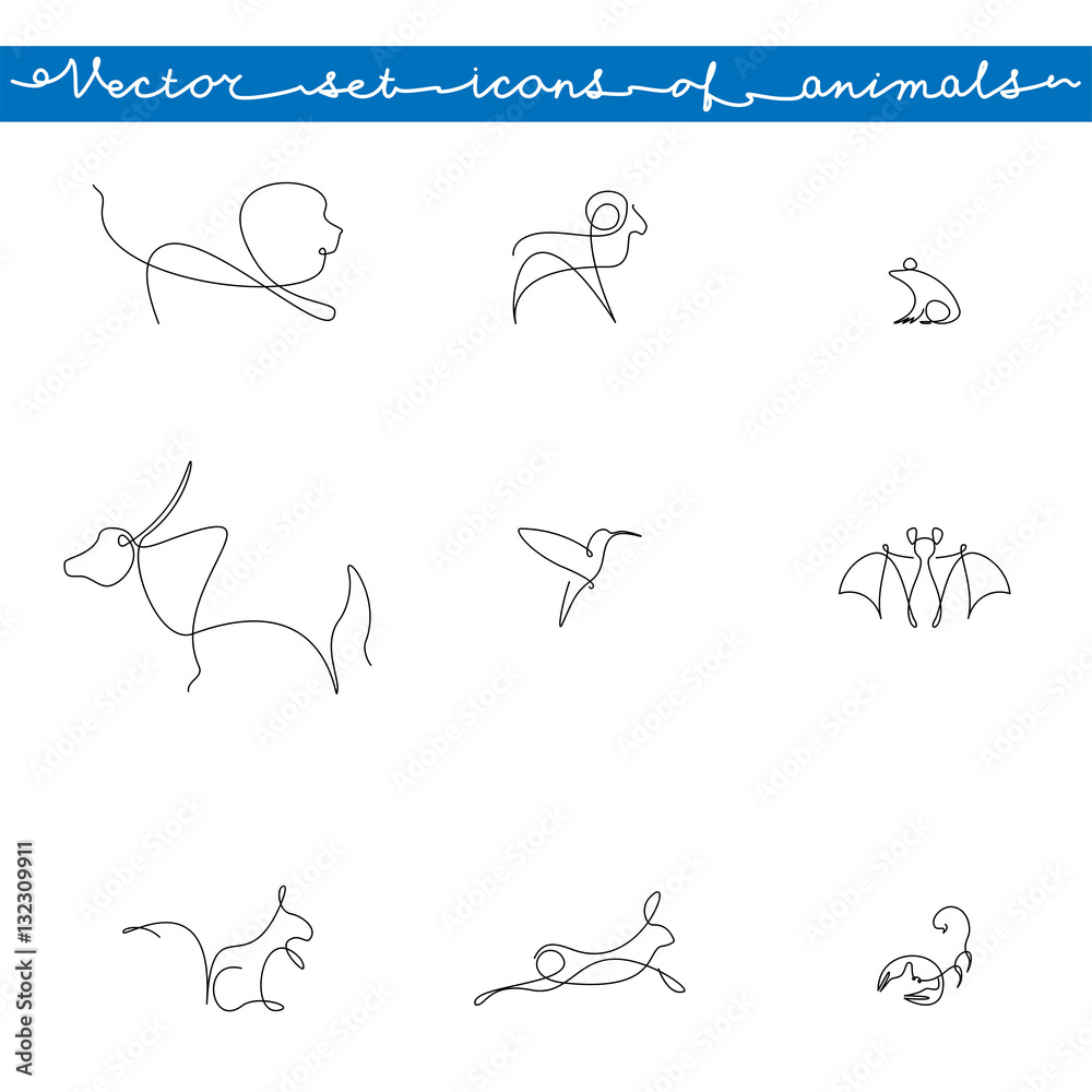vector set of animals icons, hand-painted continuous contour vector set of animals icons, hand-painted continuous contour