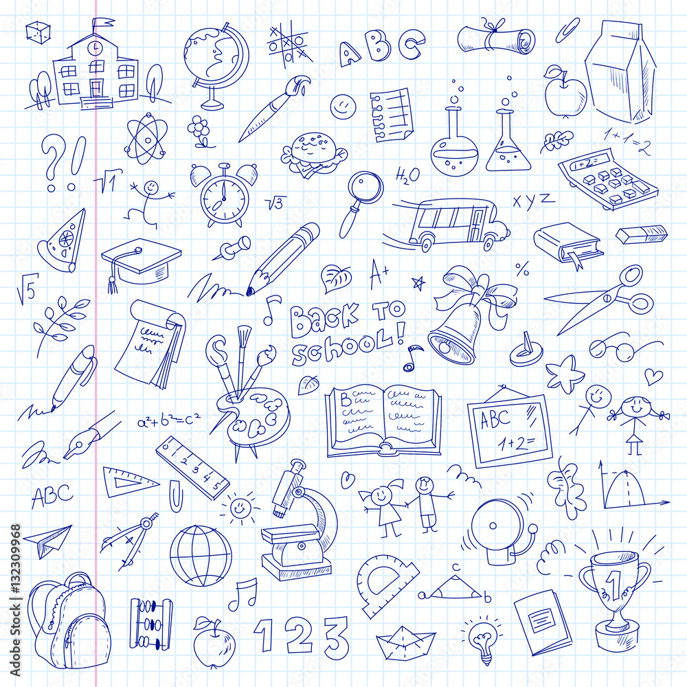 Freehand drawing school on a sheet of exercise book Freehand drawing school on a sheet of exercise book