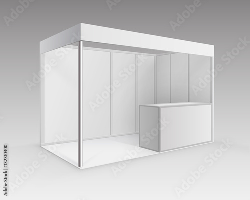 Vector White Blank Indoor Trade exhibition Booth Standard Stand for Presentation with Counter Isolated in Perspective on Background