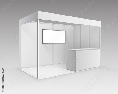 Vector White Blank Indoor Trade exhibition Booth Standard Stand for Presentation with Counter Screen Isolated in Perspective on Background