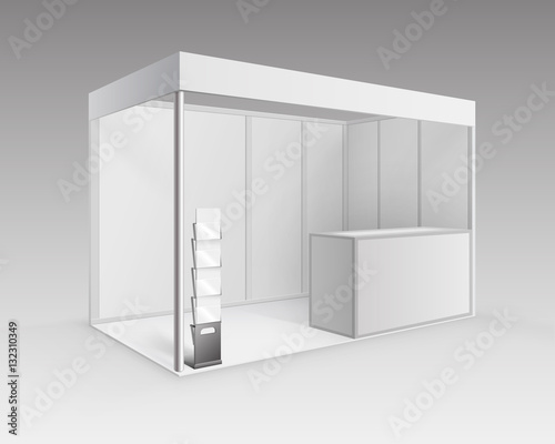 Vector White Blank Indoor Trade exhibition Booth Standard Stand for Presentation with Counter Booklet Brochure Holder in Perspective Isolated on Background