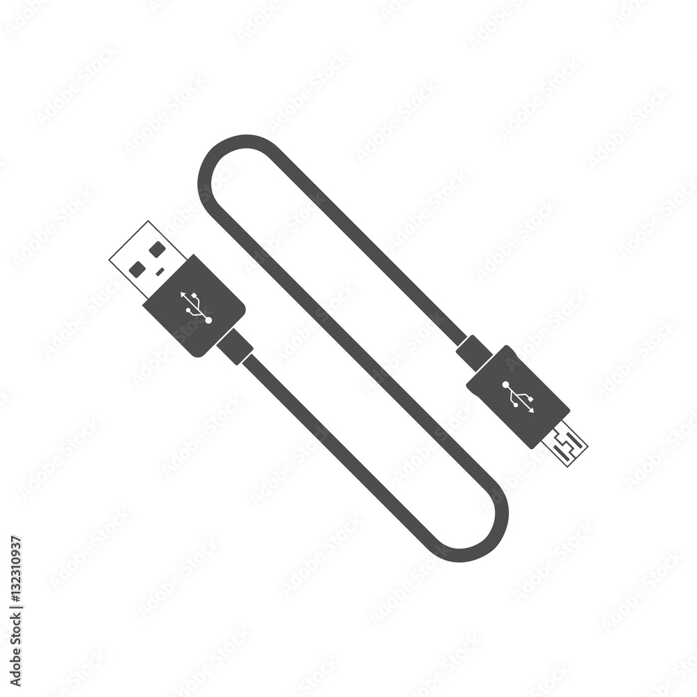 USB cable cord icon for web isolated on white backround. Computer peripherals connector or smartphone recharge supply USB cable cord icon for web isolated on white backround. Computer peripherals connector or smartphone recharge supply