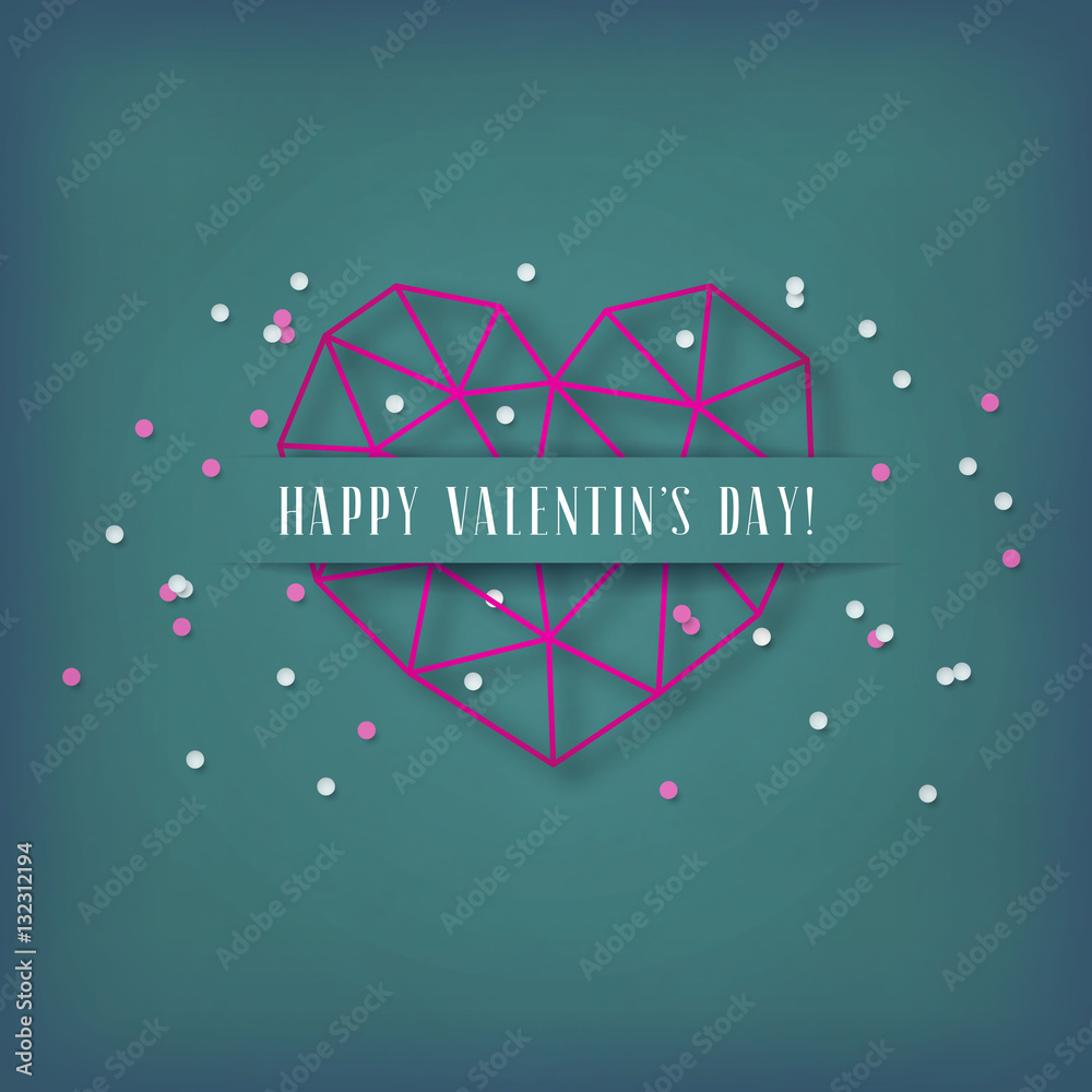 Naklejka premium Vector Valentine's day card with geometric pink heart made of triangles on green background.