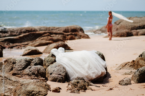 bride travel beach resort in bikini swimsuit