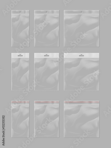 Realistic plastic pocket bag mock up set isolated on grey background vector illustration. Blank 3d model empty plastic container, transparent bag with hang slot. Template plastic pocket for design