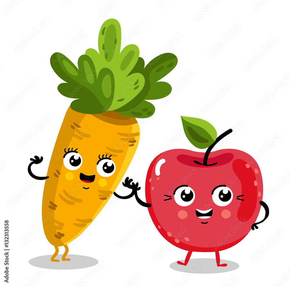 Cute fruit and vegetable cartoon characters isolated on white background  vector illustration. Funny cherry and carrot emoticon face icon collection.  Happy smile cartoon face food emoji, comical fruit Stock Vector | Adobe