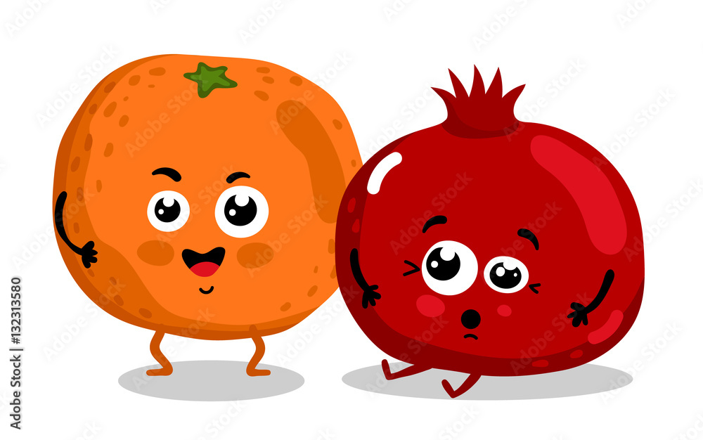 Cute fruit cartoon characters isolated on white background vector  illustration. Funny orange and pomegranate emoticon face icon collection.  Happy smile cartoon face food emoji, comical fruit mascot. Stock Vector |  Adobe Stock
