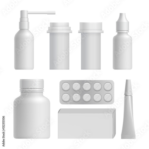 Realistic plastic medical bottle mock up set isolated on white background vector illustration. Blank white package, container, box, blister of pills, tube, spray bottle. 3d medical bottle collection