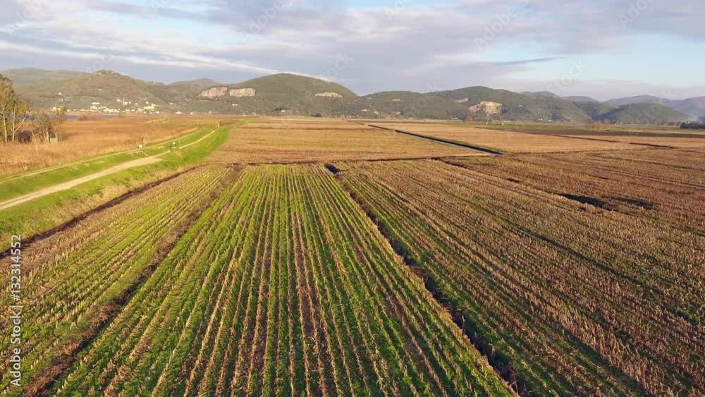 Aerial shot, fall landscape, flying above fields and a huge lake, filmed with drone Aerial shot, fall landscape, flying above fields and a huge lake, filmed with drone