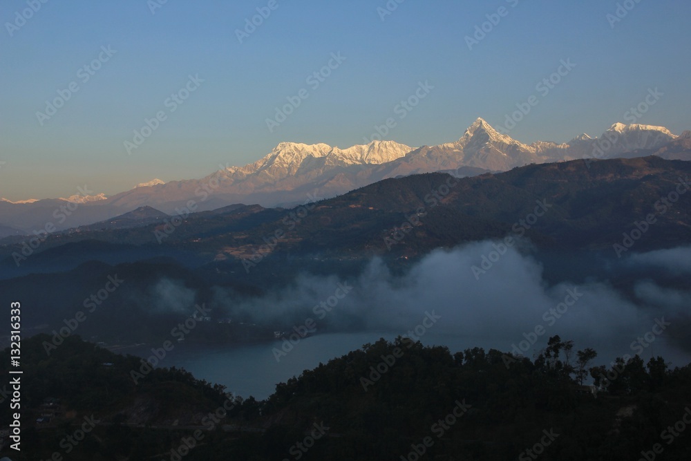 Sunrise at lake Begnas Tal, Annapurna range
