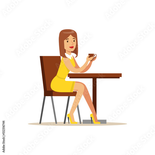 Woman In Yellow Dress Sitting In The Coffee Shop Table Alone Drinking Her Coffee Vector Illustration