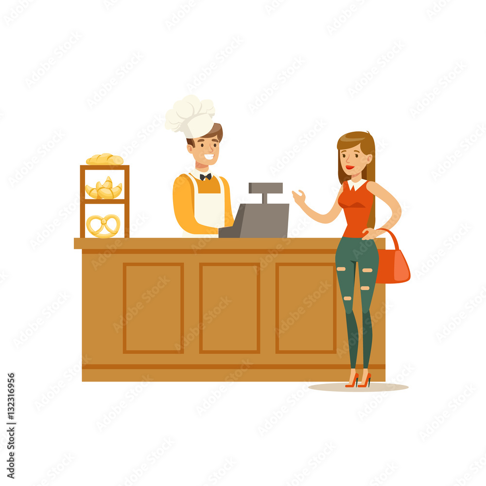 Woman Buying Pastry From The Baker In The Bakery Shop Ordering At The Counter Vector Illustration Woman Buying Pastry From The Baker In The Bakery Shop Ordering At The Counter Vector Illustration