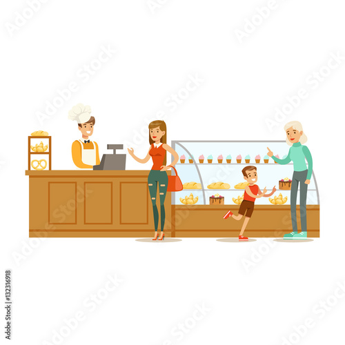 Clients Choosing And Buying Pastry At The Cashier Of The Bakery Shop Vector Illustration