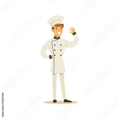 Man Professional Cooking Chef Working In Restaurant Wearing Classic Traditional Uniform Showing OK Gesture Cartoon Character