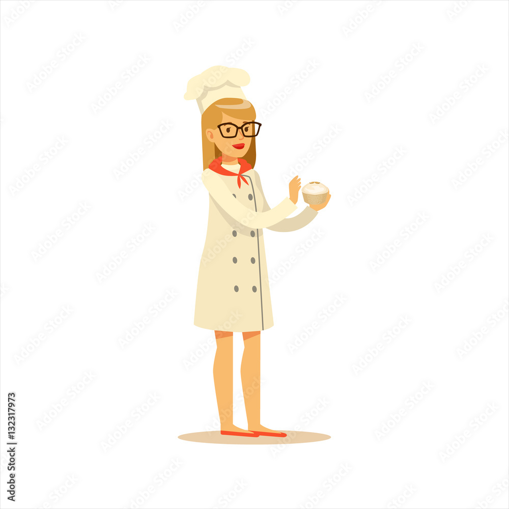 Woman Professional Cooking Chef Working In Restaurant Wearing Classic Traditional Uniform With Cupcake Cartoon Character Woman Professional Cooking Chef Working In Restaurant Wearing Classic Traditional Uniform With Cupcake Cartoon Character