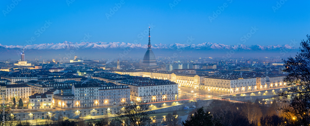 Turin high definition panorama at blue hour with the Mole Antonelliana and the snowy Alps in the background