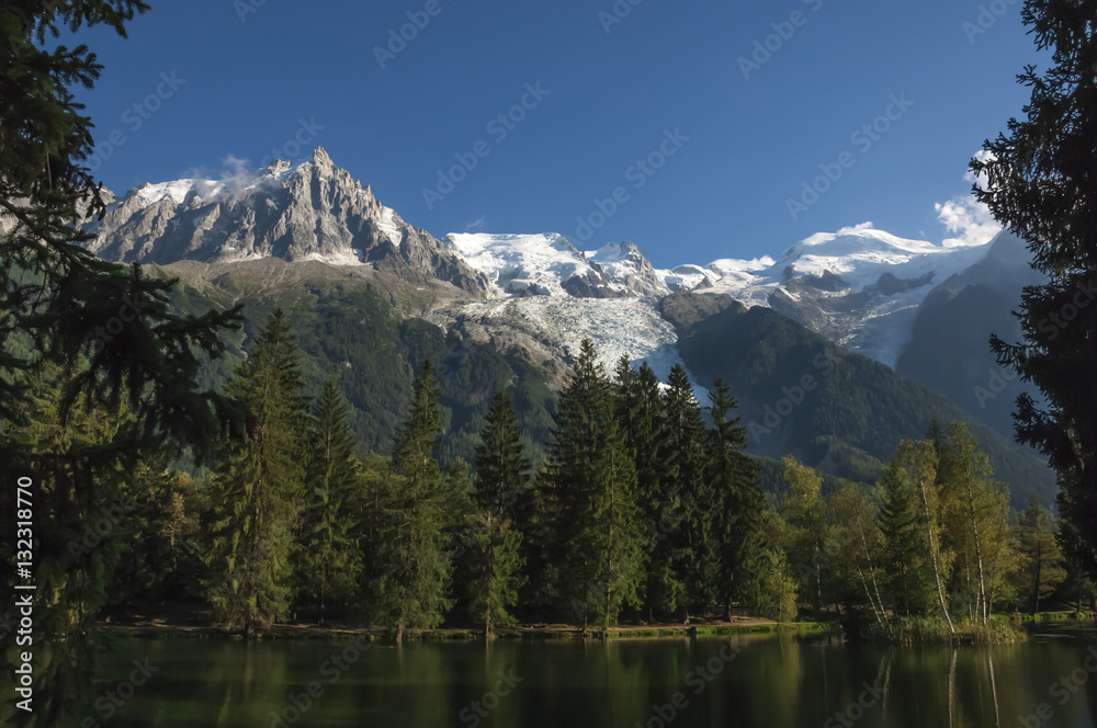 Aiguile du Midi and Mont Blanc, 4809m, and the Glaciers, from the Lake, Chamonix, Haute Savoie, French Alps, France Aiguile du Midi and Mont Blanc, 4809m, and the Glaciers, from the Lake, Chamonix, Haute Savoie, French Alps, France