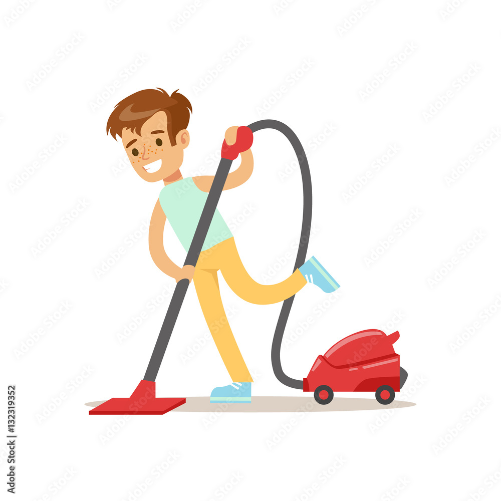 Boy Cleaning The Floor With Vacuum Cleaner Smiling Cartoon Kid Character Helping With Housekeeping And Doing House Cleanup Boy Cleaning The Floor With Vacuum Cleaner Smiling Cartoon Kid Character Helping With Housekeeping And Doing House Cleanup