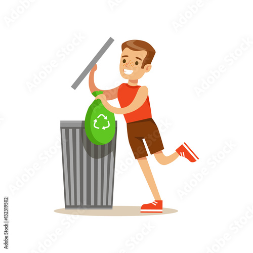 Boy Throwing Away Recycling Waste In Bin Bag Smiling Cartoon Kid Character Helping With Housekeeping And Doing House Cleanup