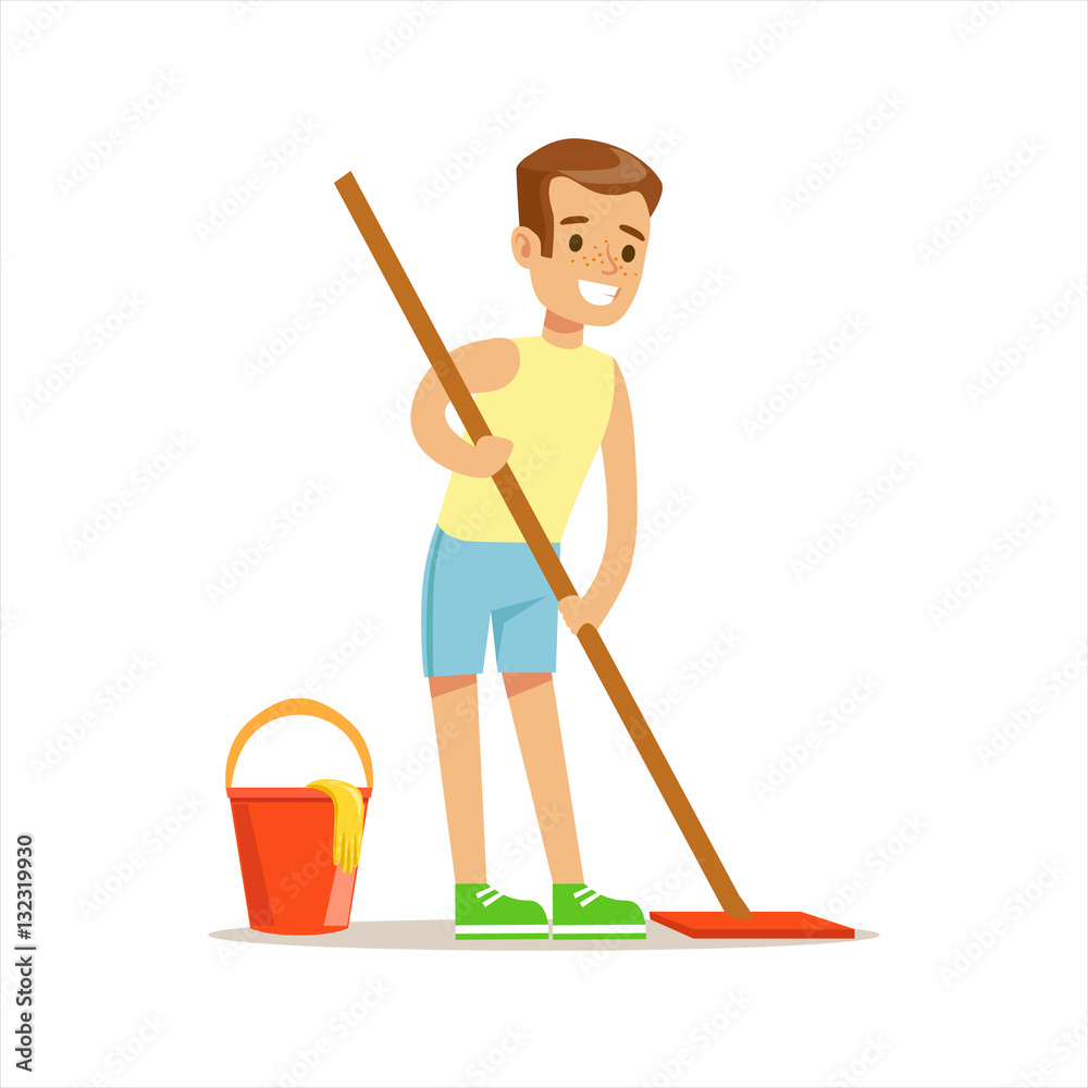 Vettoriale Stock Boy Cleaning Floor With The Mop Smiling Cartoon Kid  Character Helping With Housekeeping And Doing House Cleanup | Adobe Stock