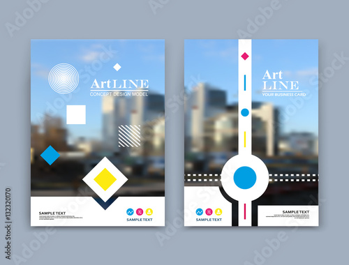 Abstract a4 brochure cover design. Art text frame surface. Urban city view title sheet model. Creative vector front page. Ad banner form texture. Circle, square, lozenge figure icon. Flyer fiber font