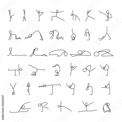 Cartoon icons set of sketch little people stick figures doing yoga