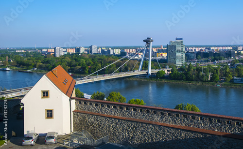 Castle fortification and New bridge over Danube river in Bratislava,Slovakia